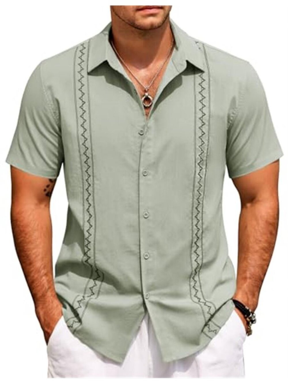 Mens Cuban Guayabera Shirt Embroidered Short Sleeve Button Down Beach Shirt Top
